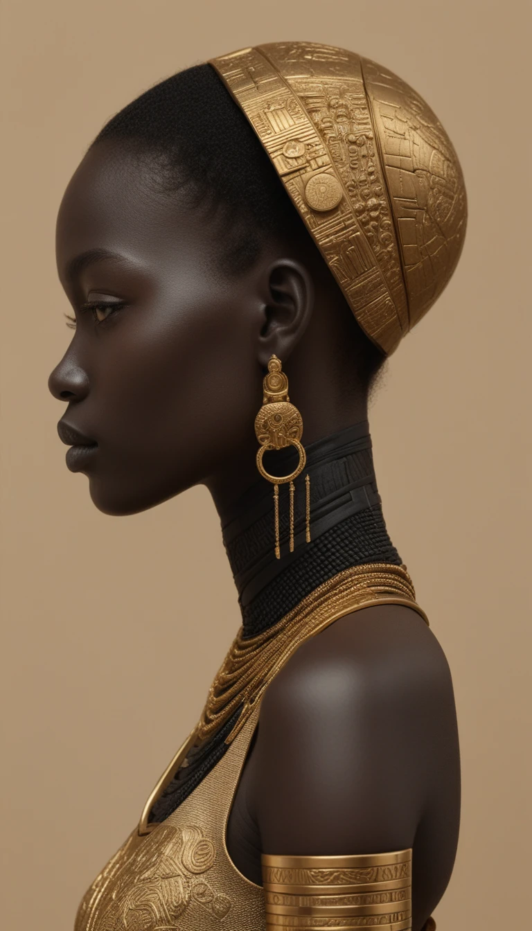 Regal side profile woman with golden futuristic headpiece