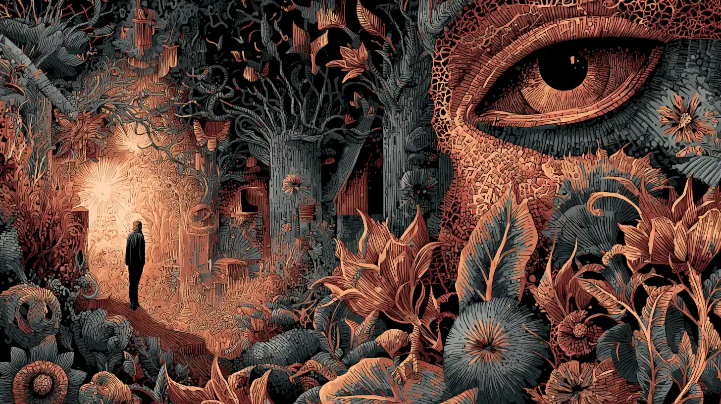Surreal man in thorny flower garden with buried face