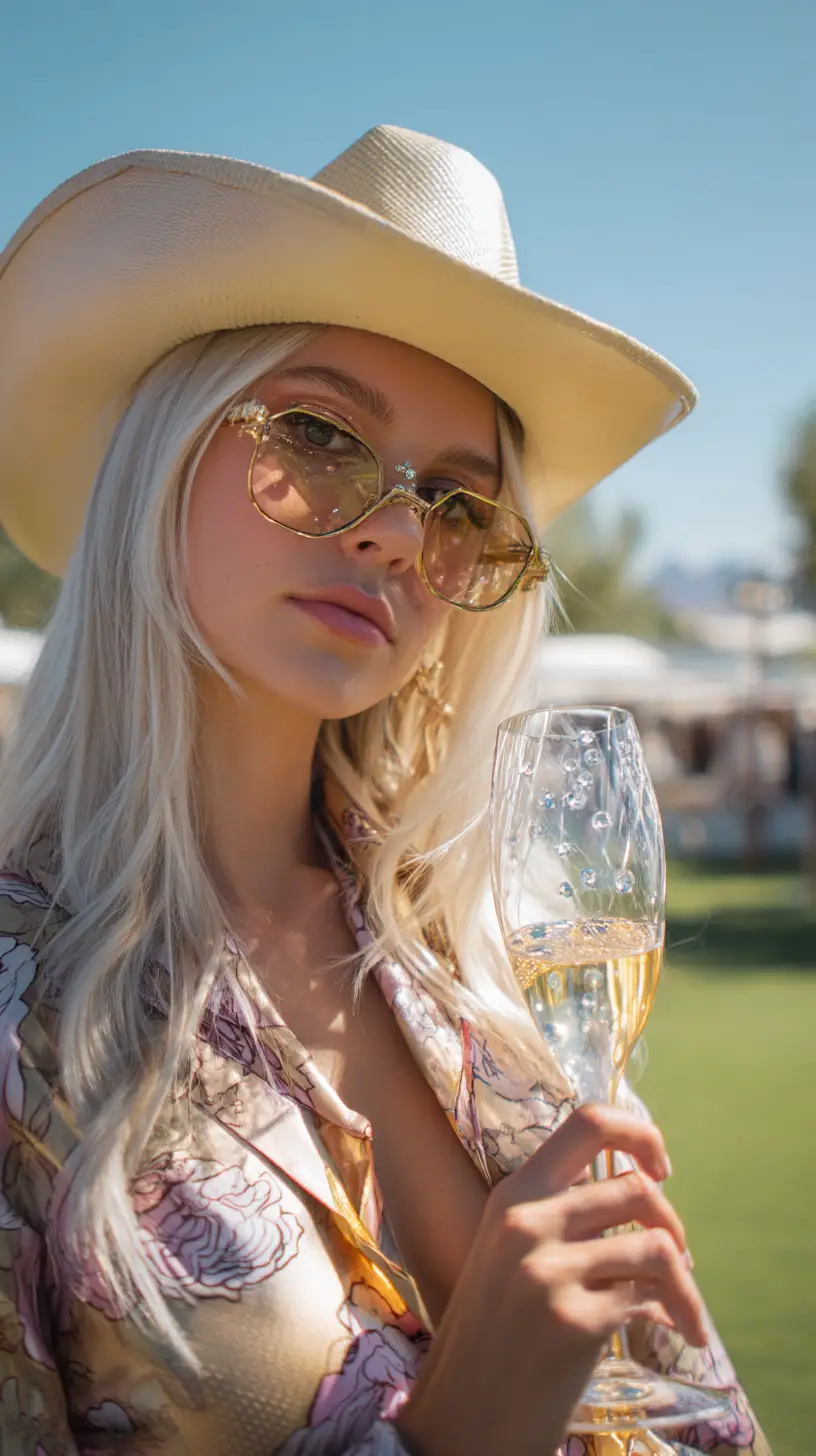 Donna stilosa con champagne al festival musicale di Coachella