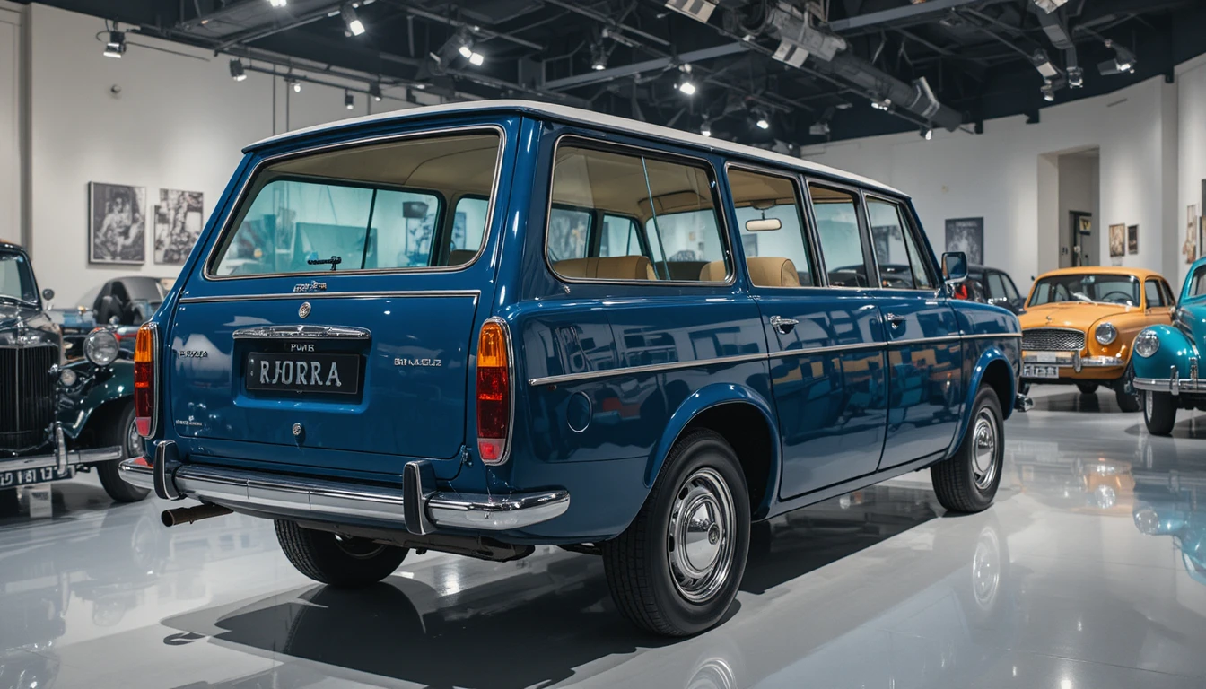 Classic blue 1970s estate car in glass museum display