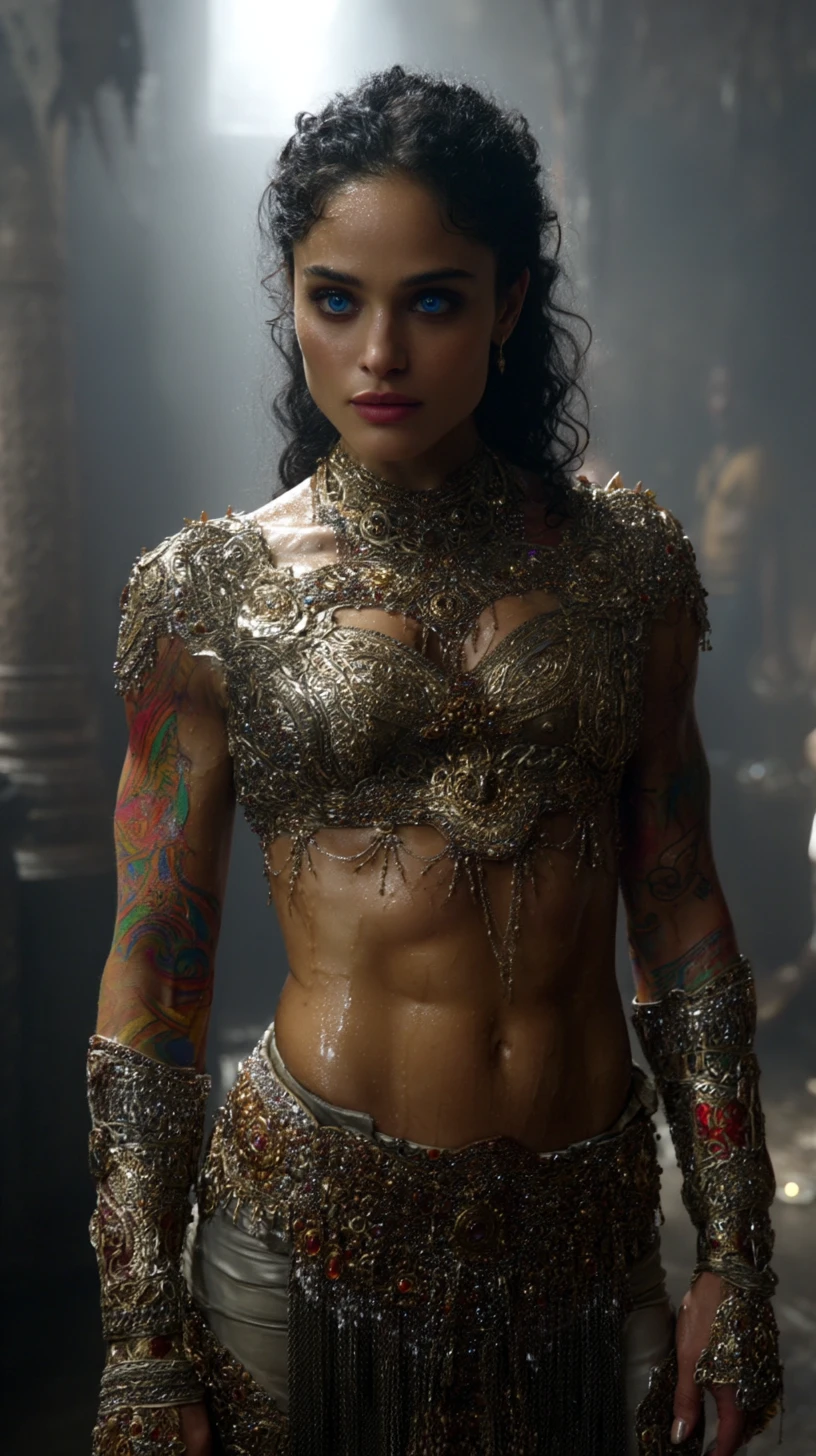 Sci fi Arabian warrior woman in golden armor at dawn