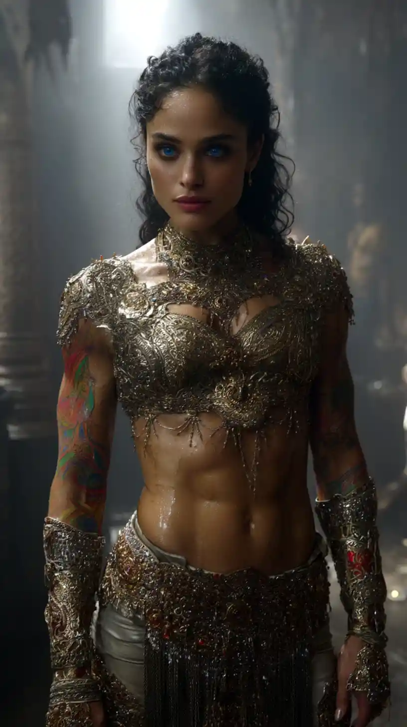 Sci fi Arabian warrior woman in golden armor at dawn