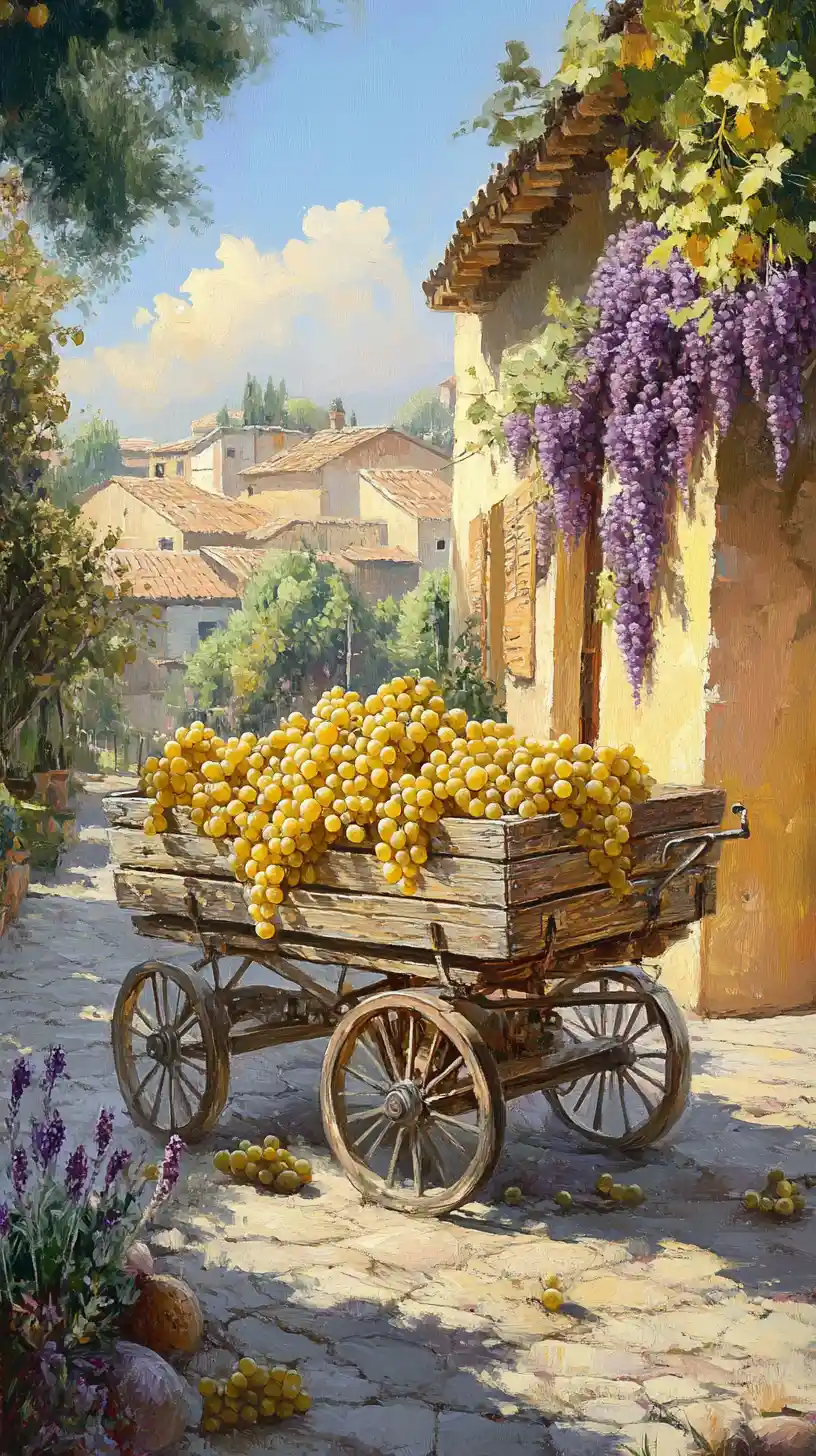 Sunlit cart of grapes and lavender in an Italian village