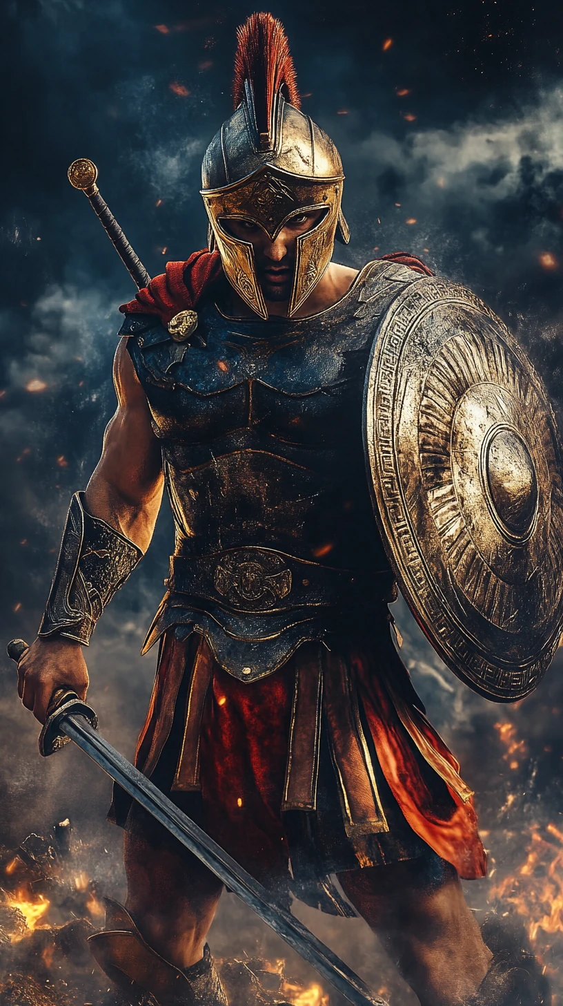 Spartan warrior with sword and shield in smoky battlefield