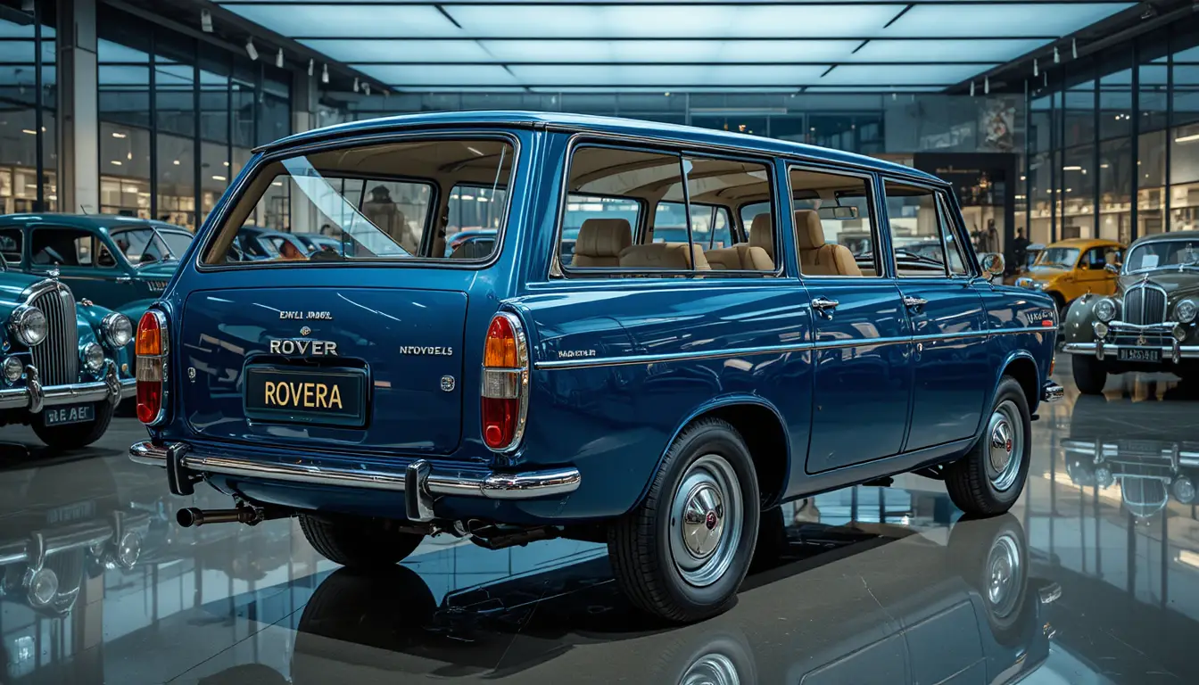 Vintage blue station wagon displayed in museum gallery