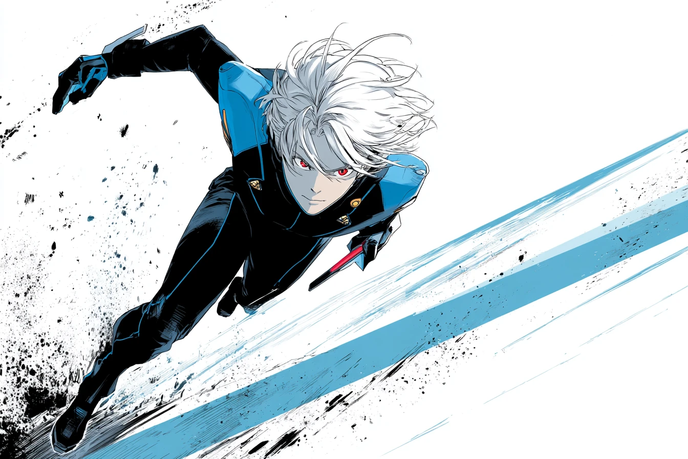 Agile white haired warrior leaping across a rooftop
