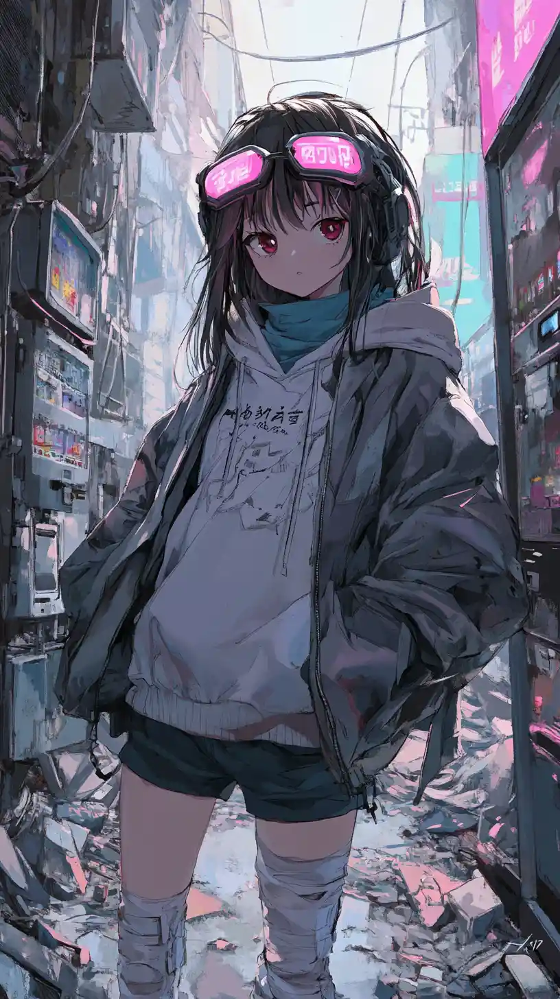 Selbstbewusstes Anime-Mädchen in dystopischer Neon-Gasse