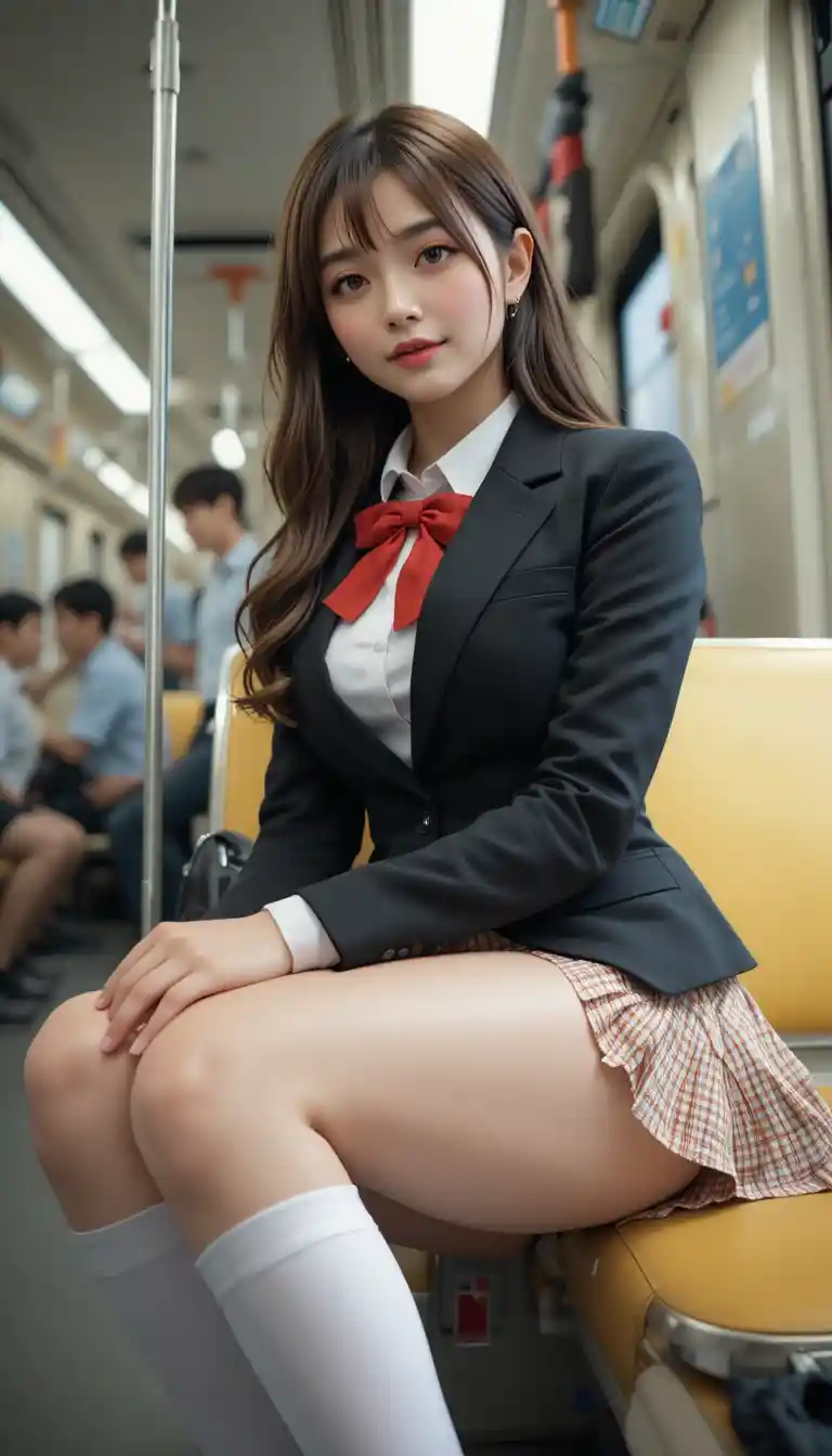 정오에 기차 좌석에 앉아 있는 일본 여고생