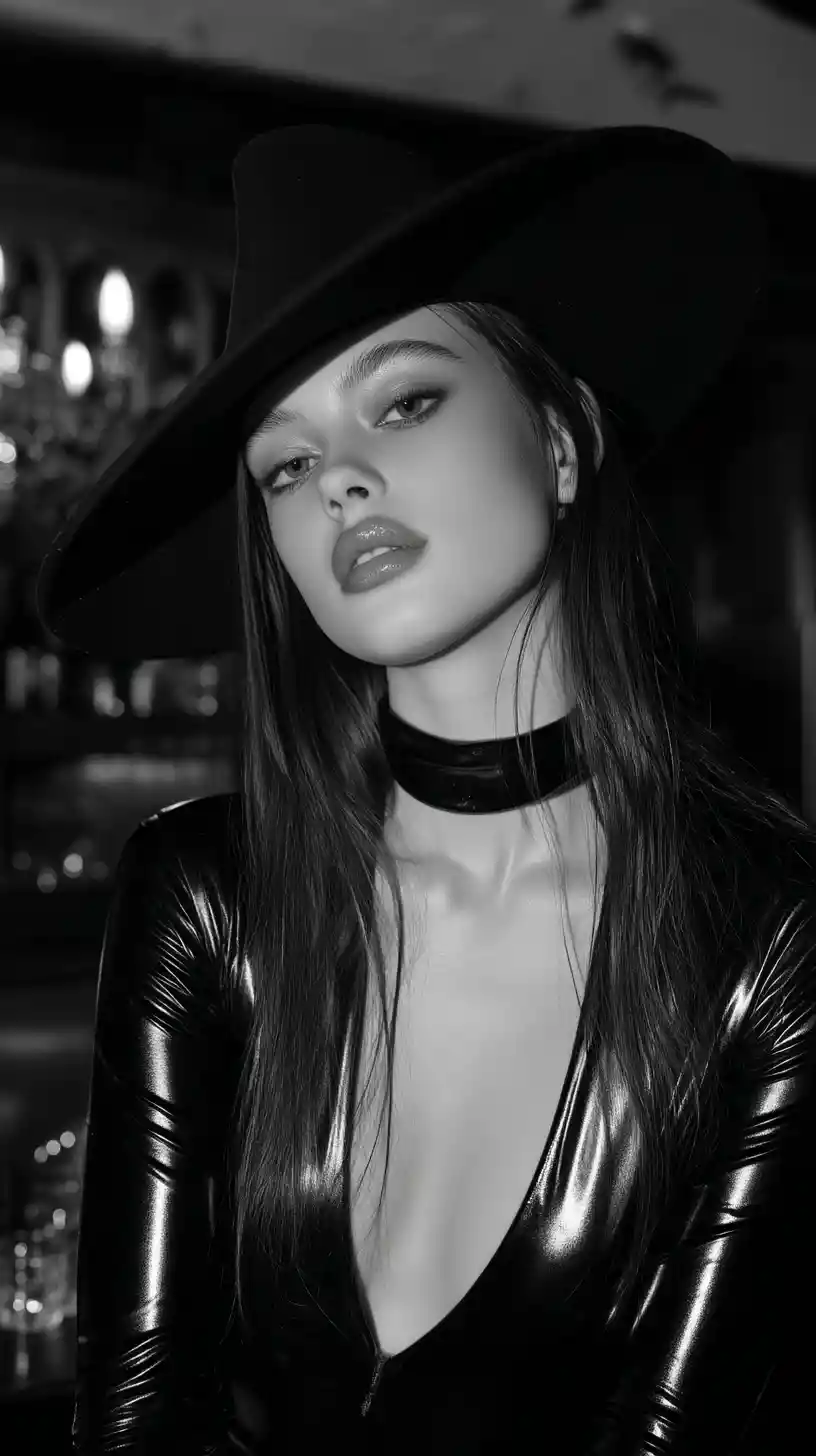 ドラマチックなモノクロで黒い帽子をかぶった魅惑的な女性のポートレート