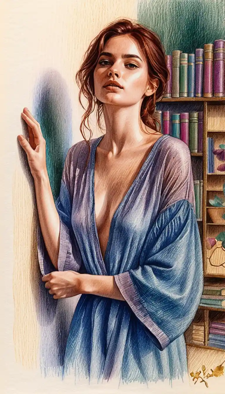 Retrato a lápices de colores de mujer elegante con bata de seda azul