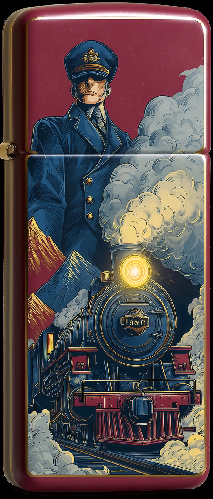 Anime train conductor driving a steam locomotive from tunnel