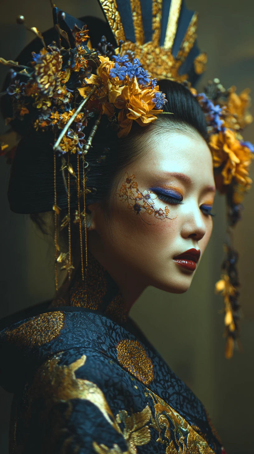 Surreal portrait of a geisha in black gold and blue tones