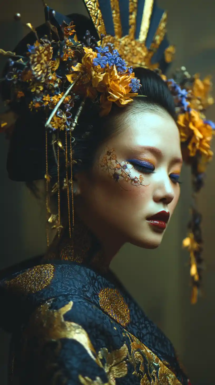 Retrato surreal de uma gueixa em tons de preto, dourado e azul