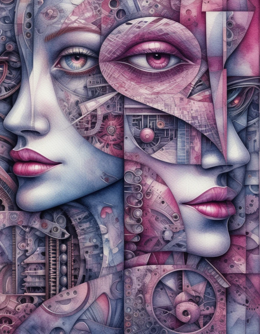 Biomechanical cubist portrait with intertwined geometric faces