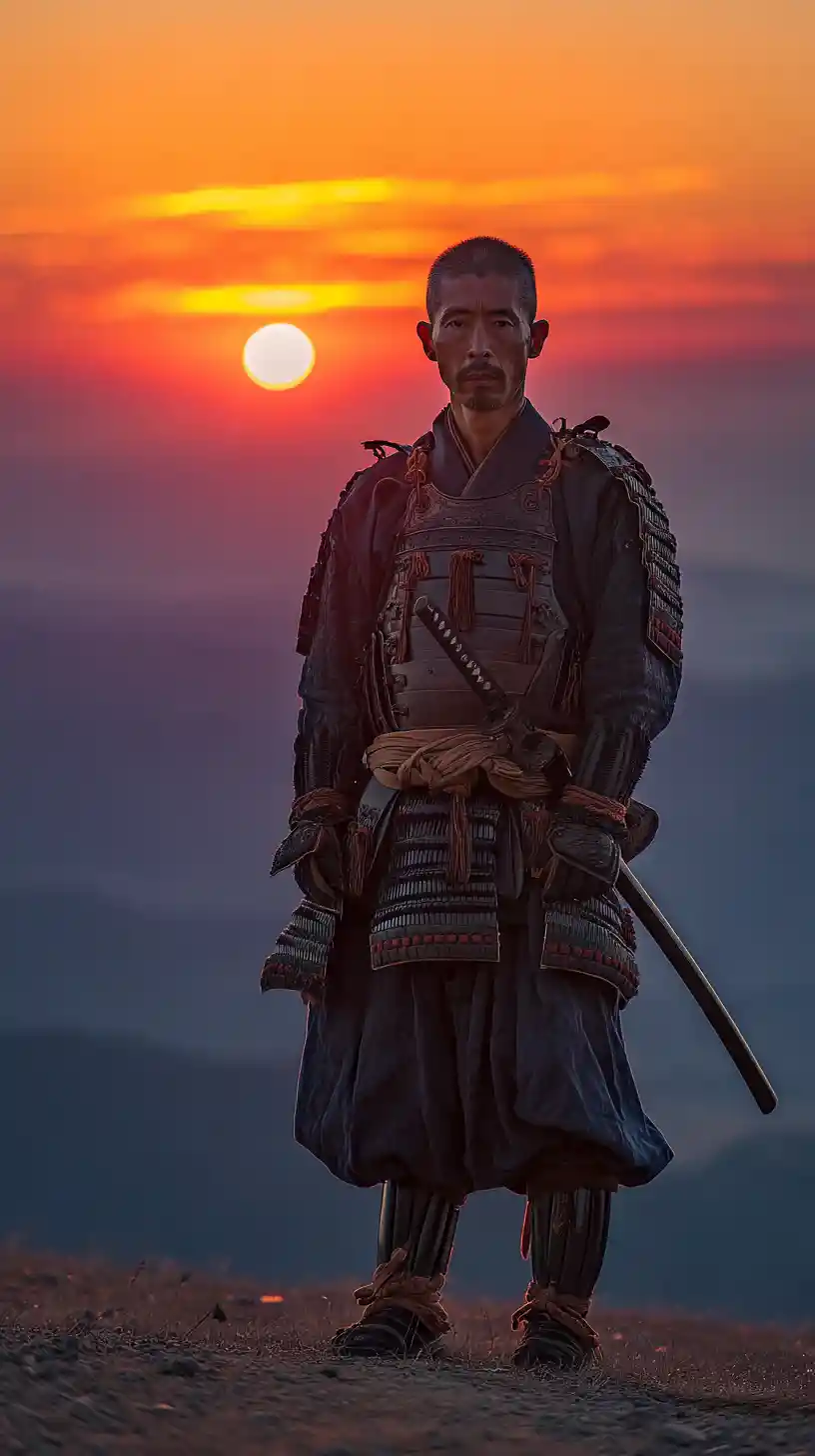 Samurai in black armor on a windswept hill at sunset