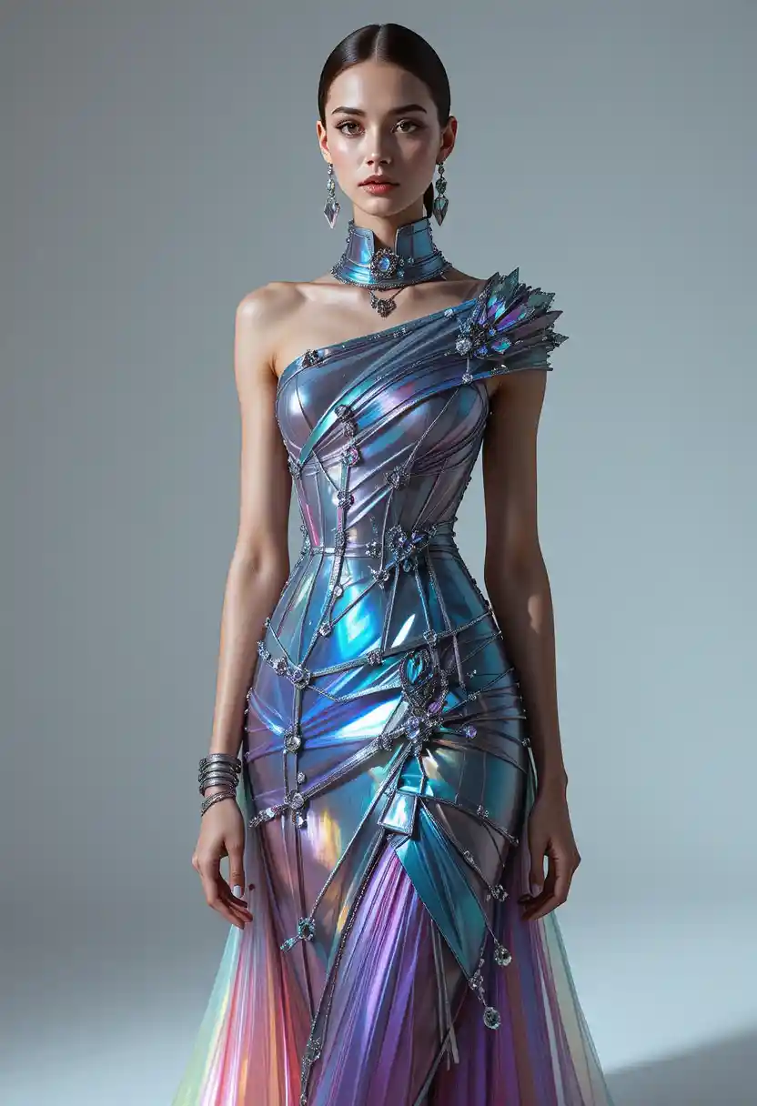 Futuristic fashion illustration of a woman in optical gown