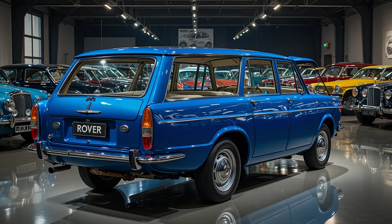 Vintage blue Rover estate car in bright museum display