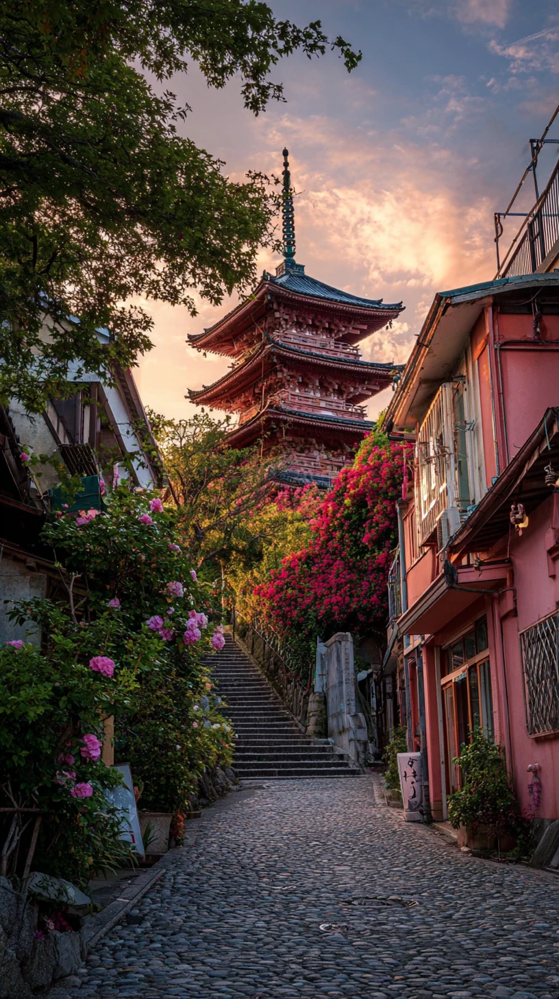 Steep City Street With Pagoda At Sunset On The Horizon