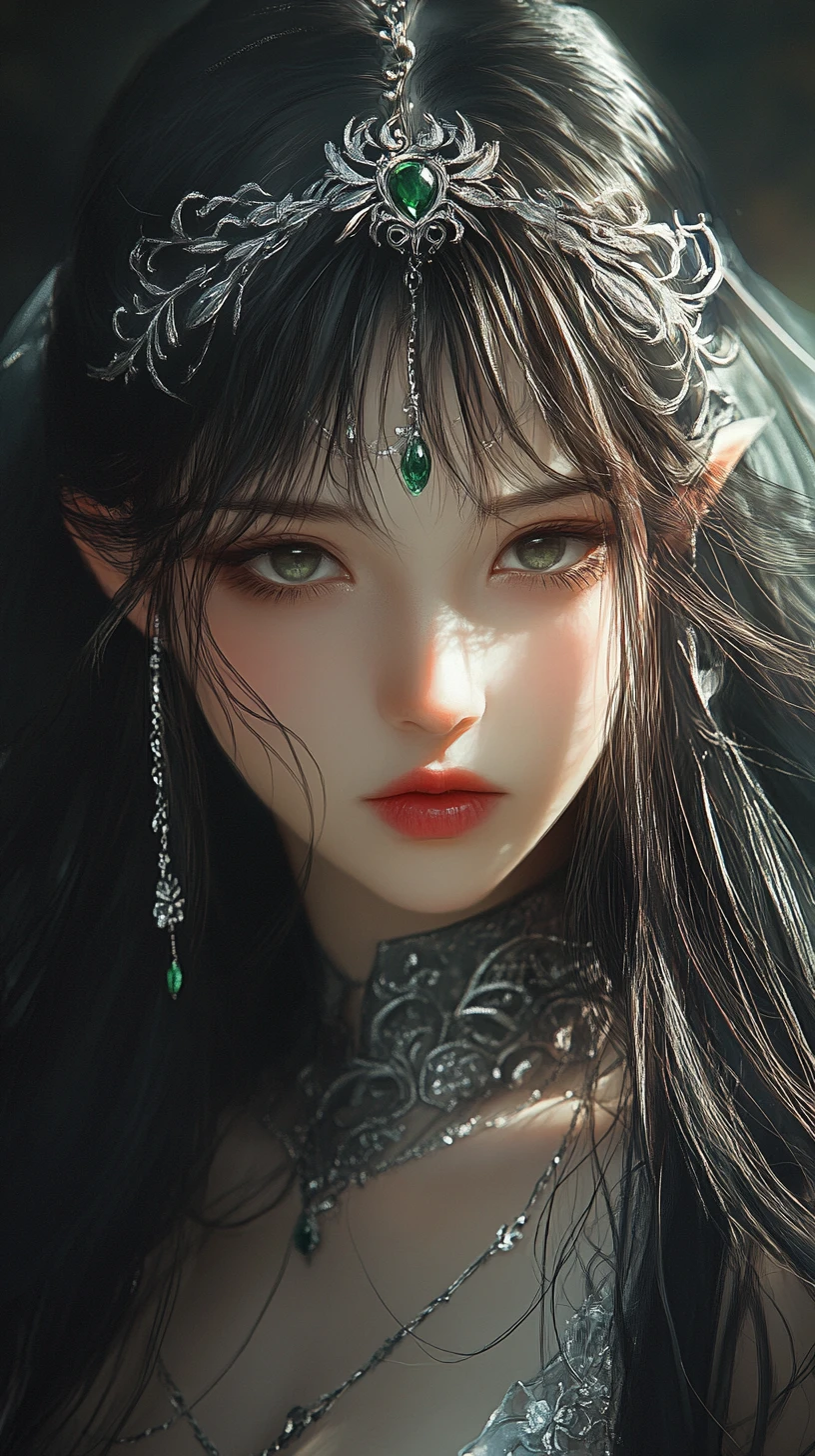Dark elf inspired anime girl with silver crown