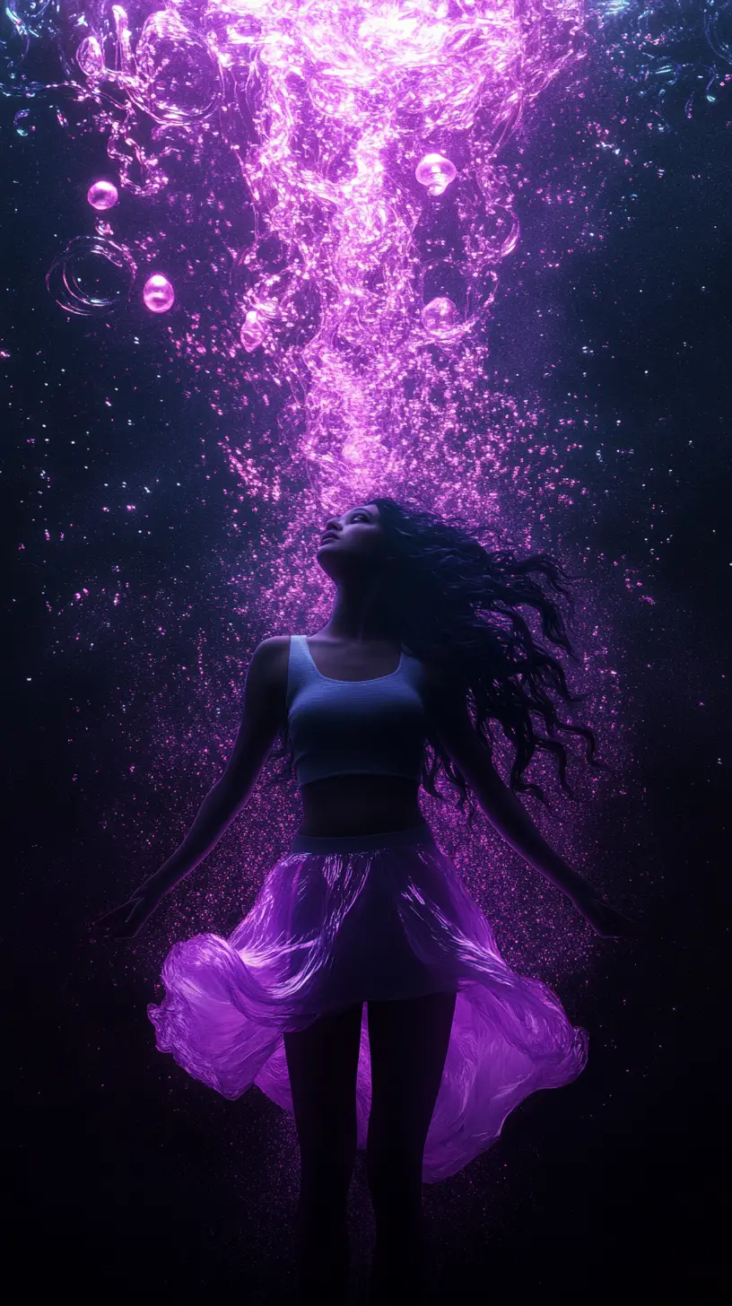 Silhouetted woman rising through swirling violet energy