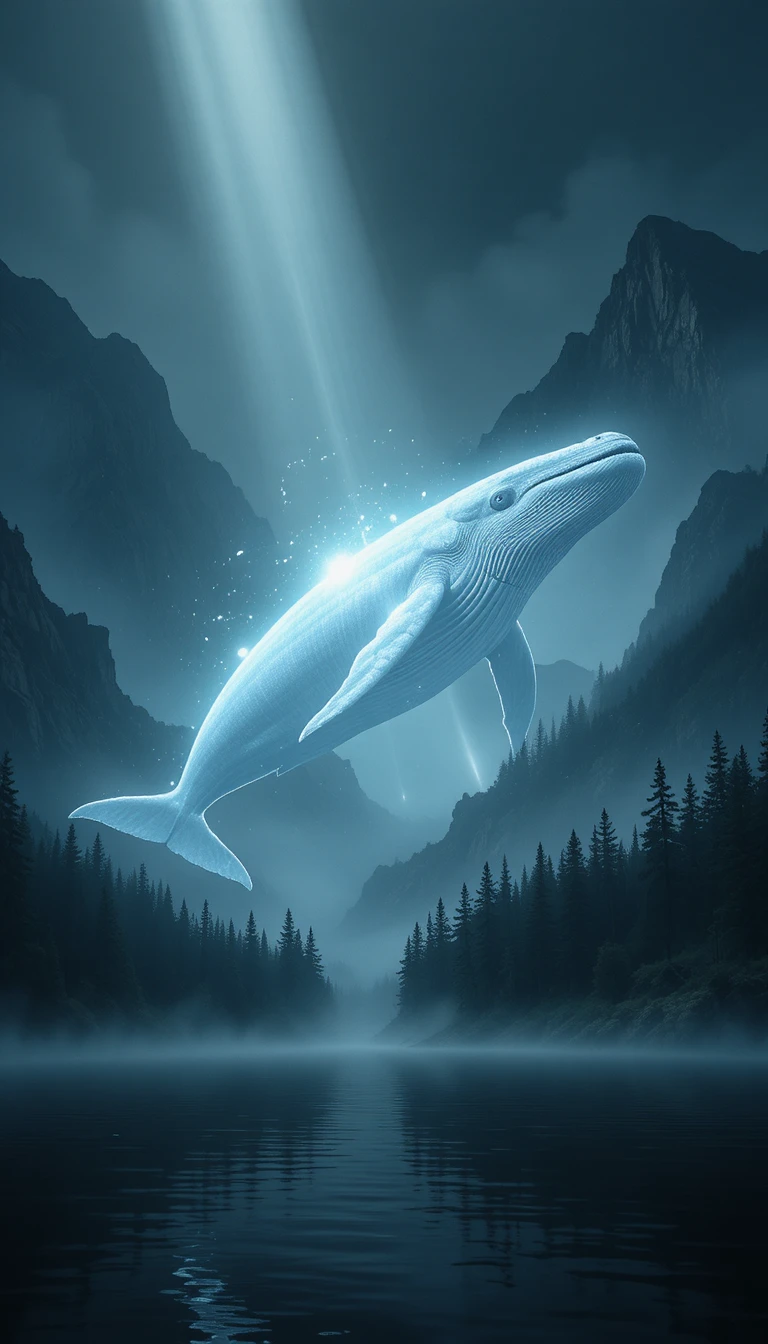 Surreal luminous whale floating above misty mountain forest