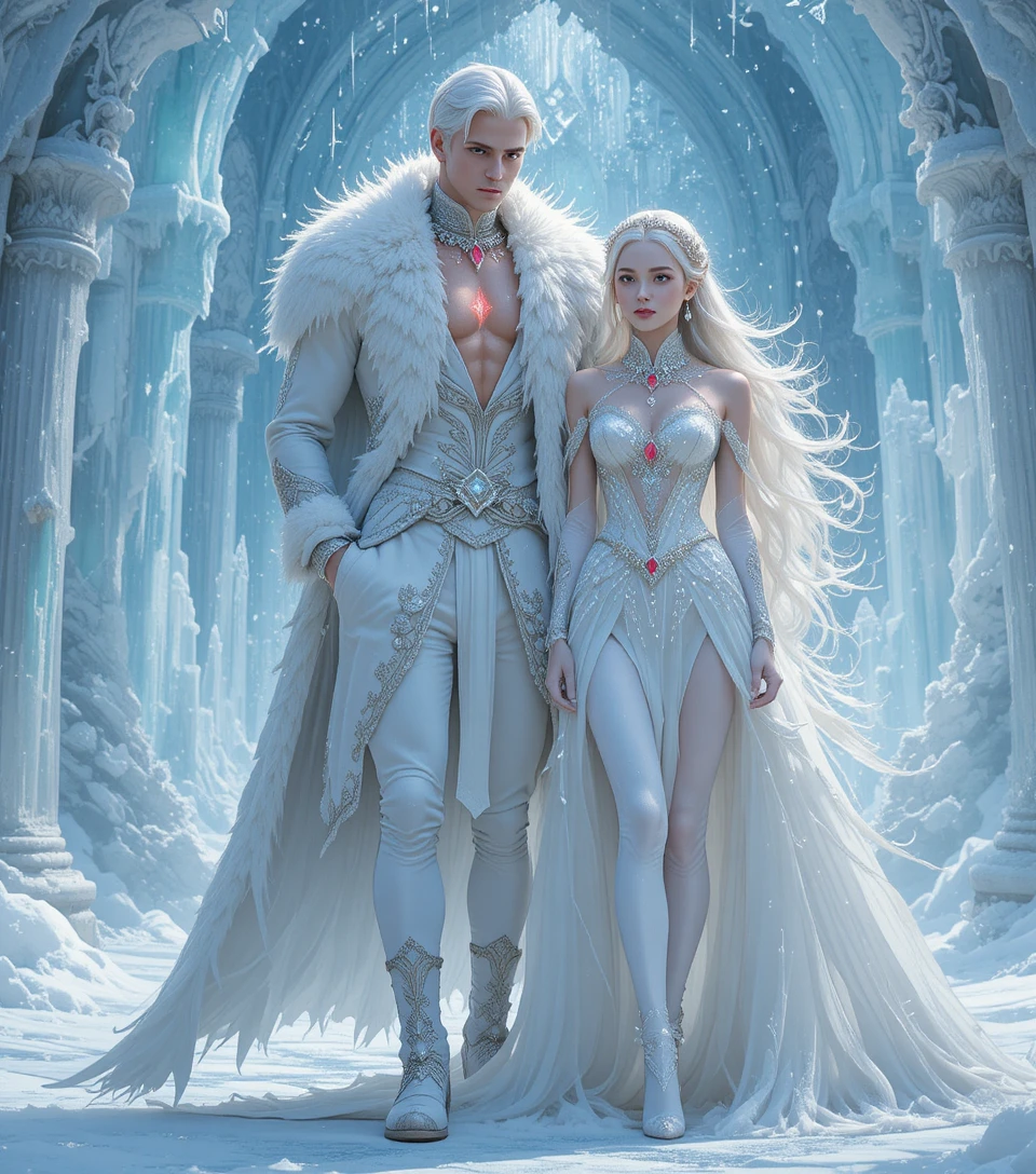 Young prince in fur coat before a crystal ice castle