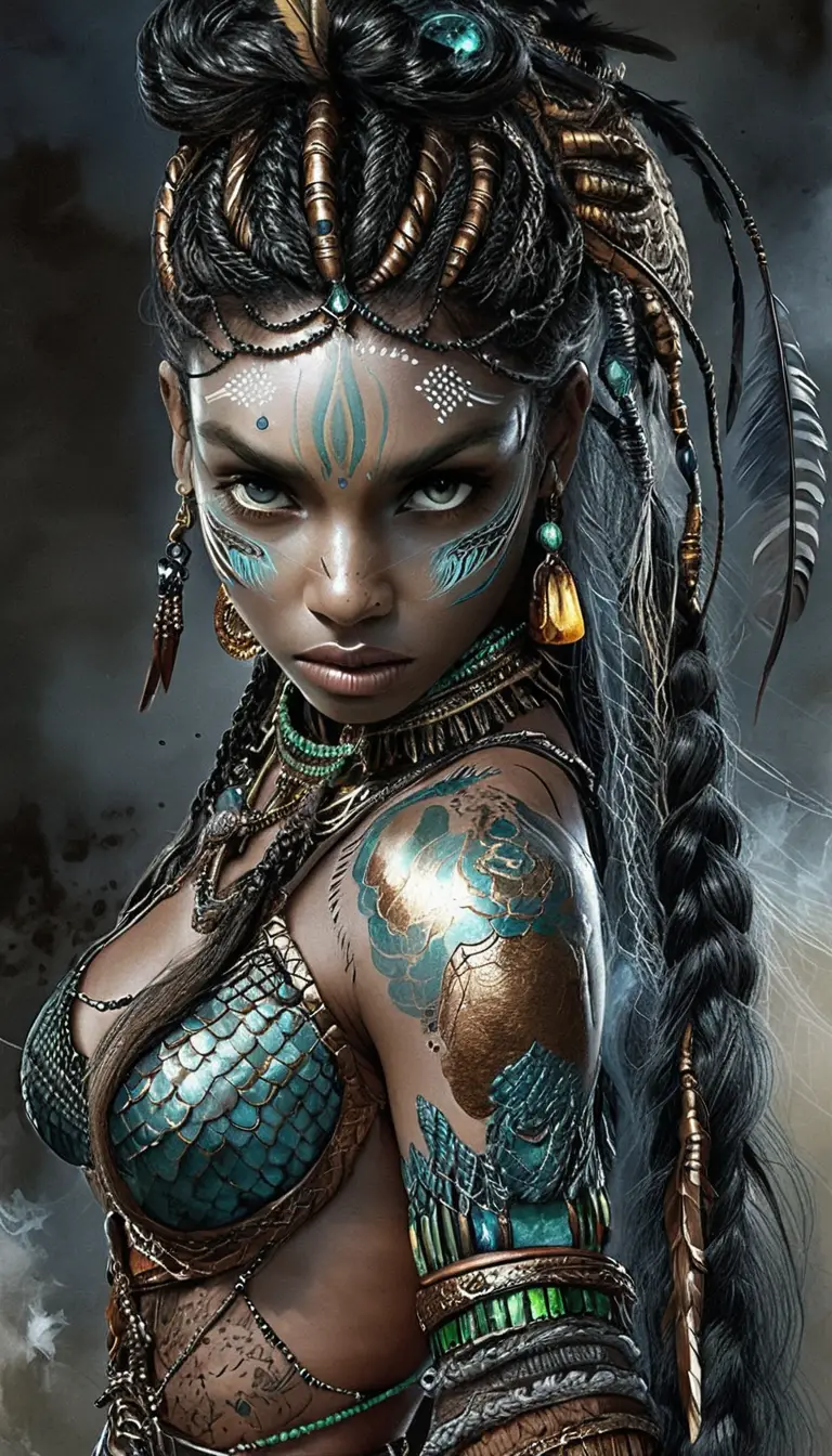 Rainha guerreira tribal com marcas rituais turquesa no rosto
