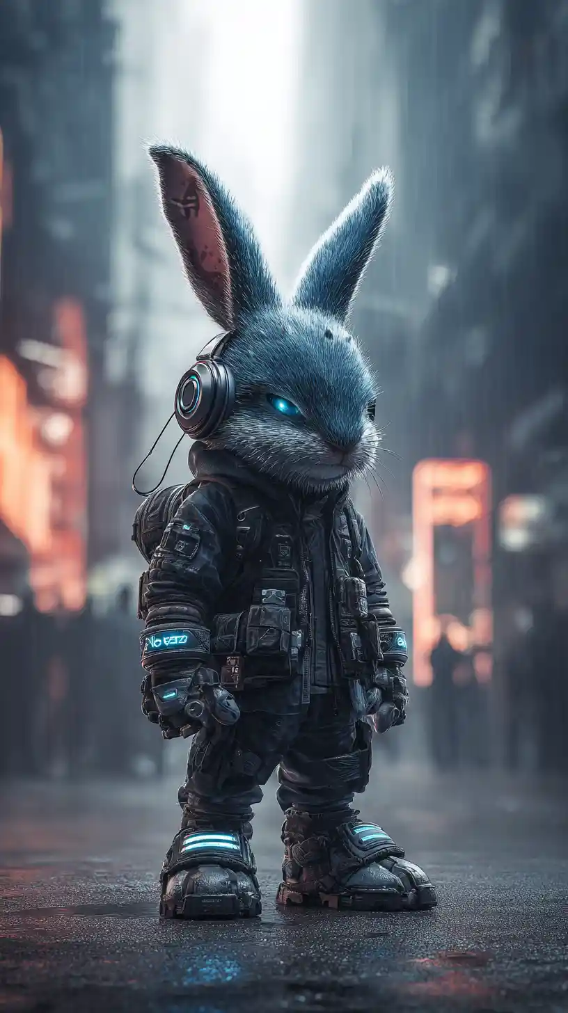 Cyberpunk rabbit warrior glowing in a rainy neon alley