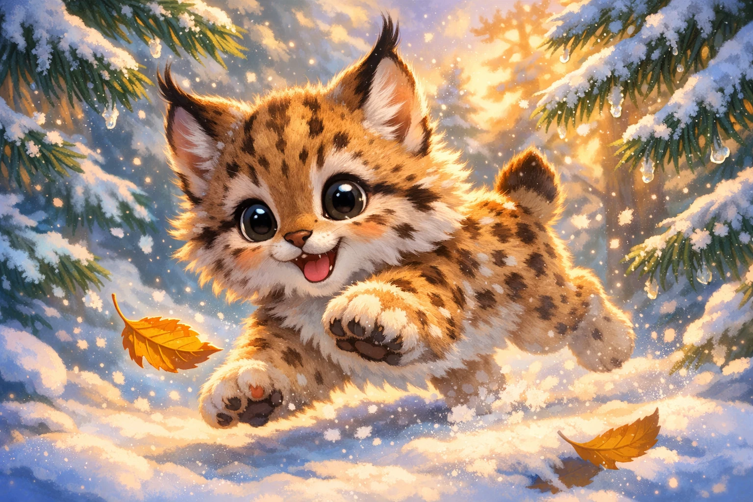 Playful baby lynx kitten leaping at a leaf in snow
