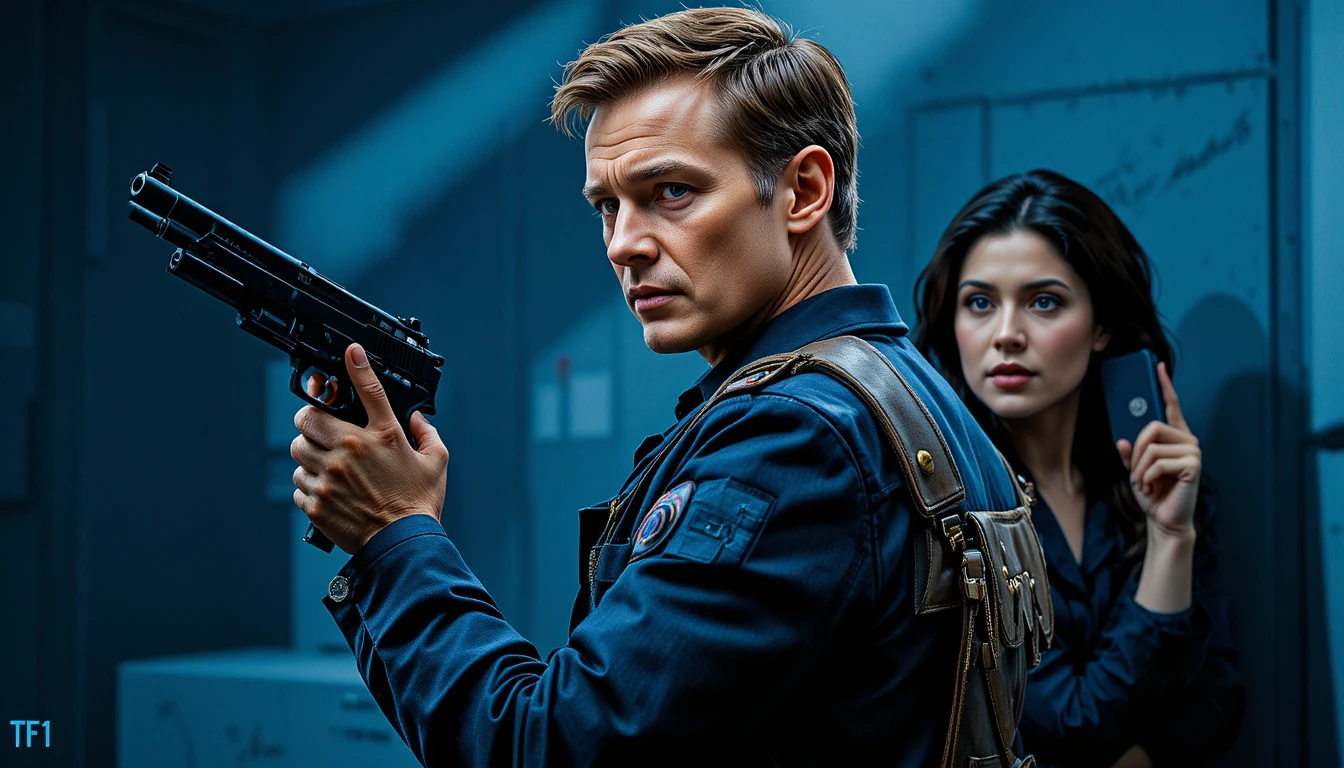 Cinematic portrait of armed police officer in tense blue scene