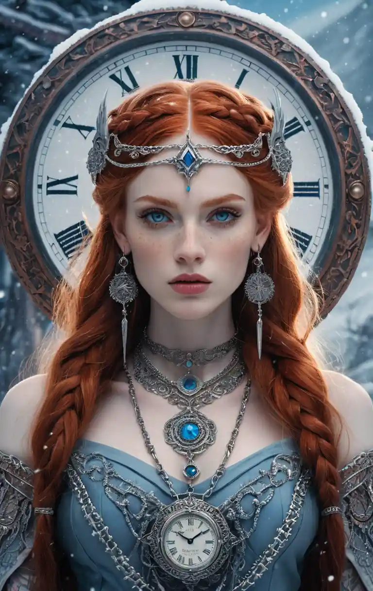 Fantasy red haired woman with clock in snowy landscape