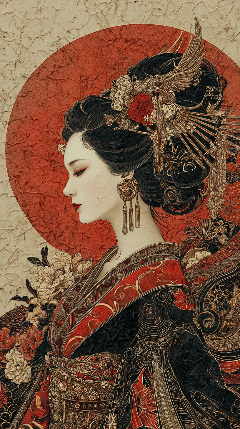 Ritratto di profilo ornato di una donna in kimono con drago