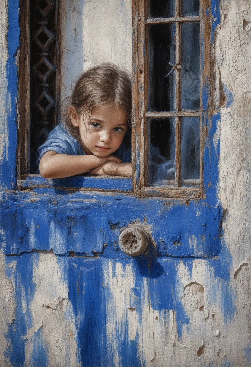Child leaning from rustic window in warm painted light