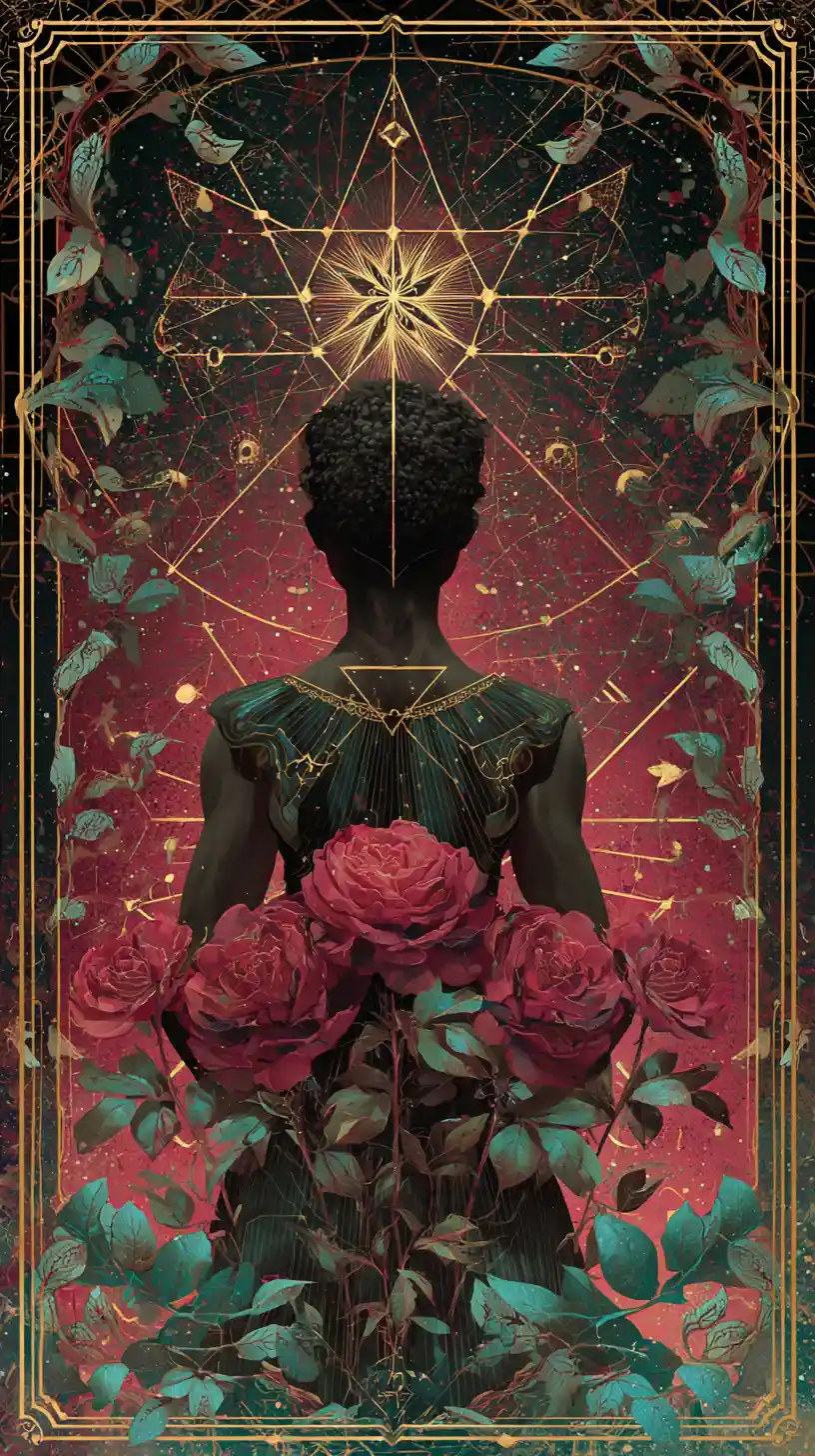 Afrofuturistic tarot card with abstract regal ebony woman