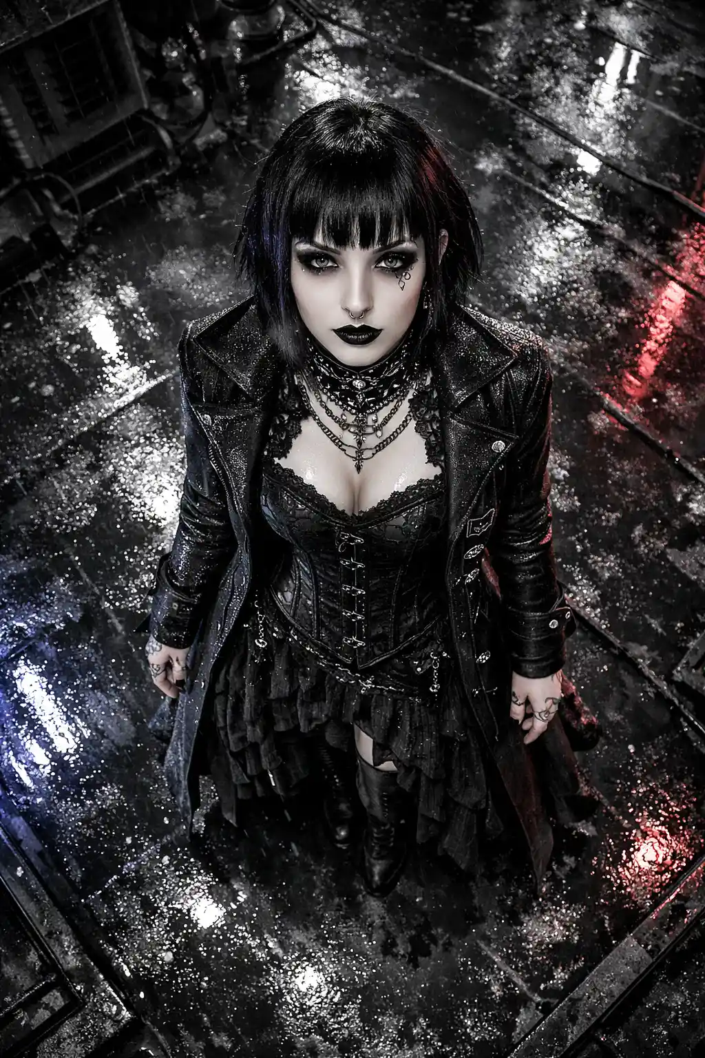 Gothic-Frau auf nasser Stadtdachterrasse bei Nacht