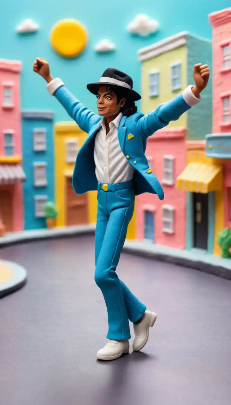 Claymation man performing a moonwalk in a bright city