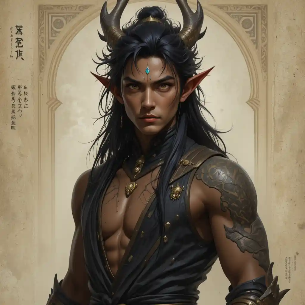 Brown skinned dragon man with black hair and small horns