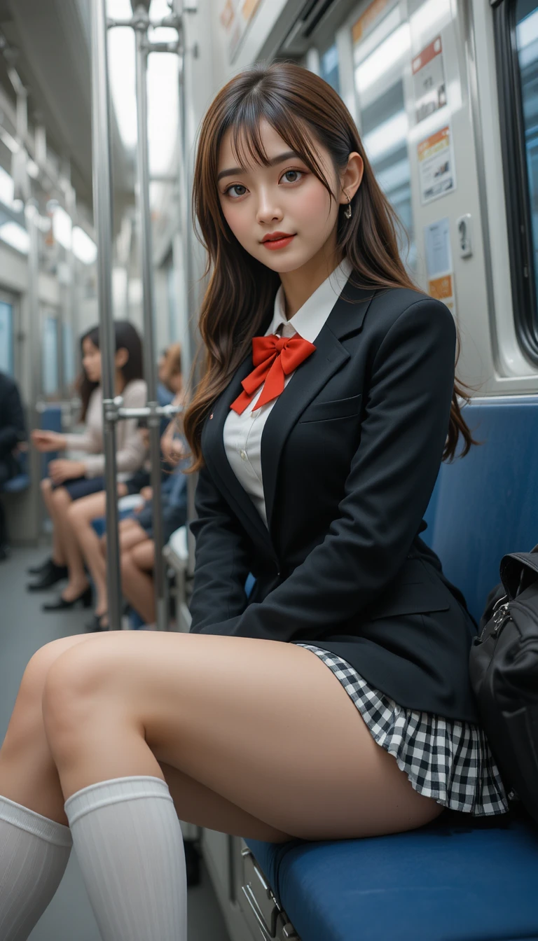 Japanese schoolgirl sitting on a train seat in uniform