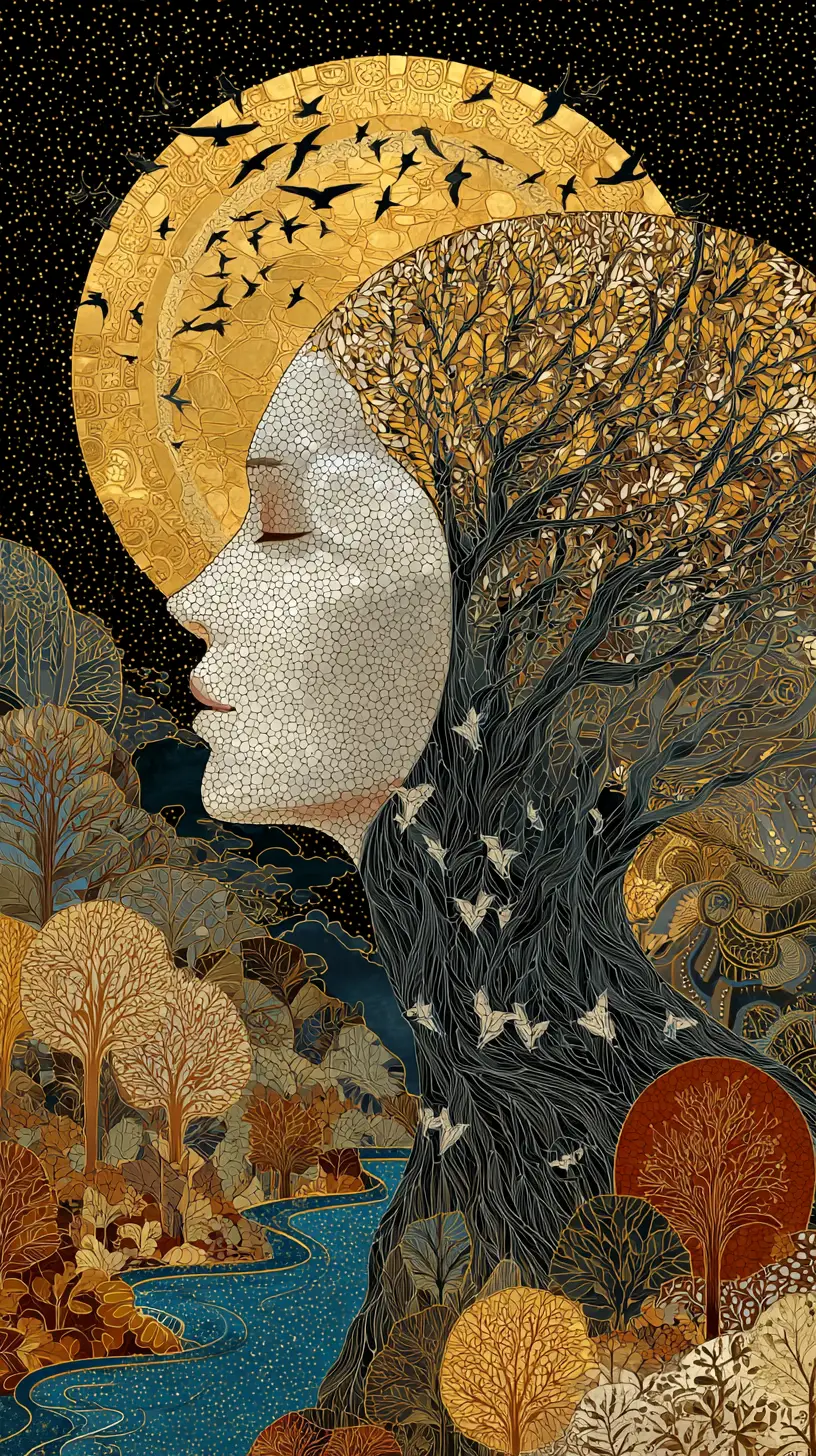 Surreal profile portrait of a woman with branches and river