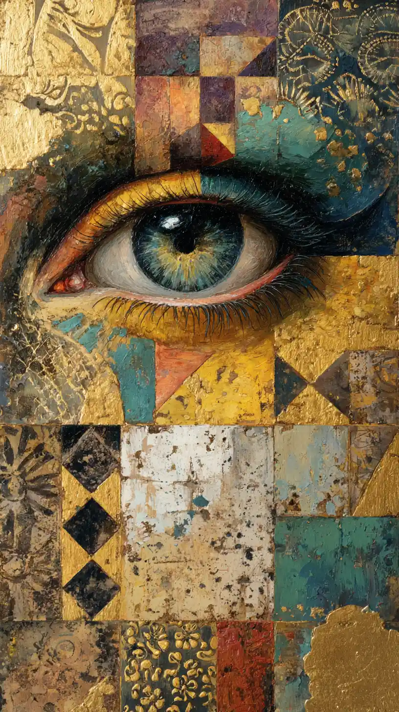 Abstract painting with central surreal eye and textured patterns