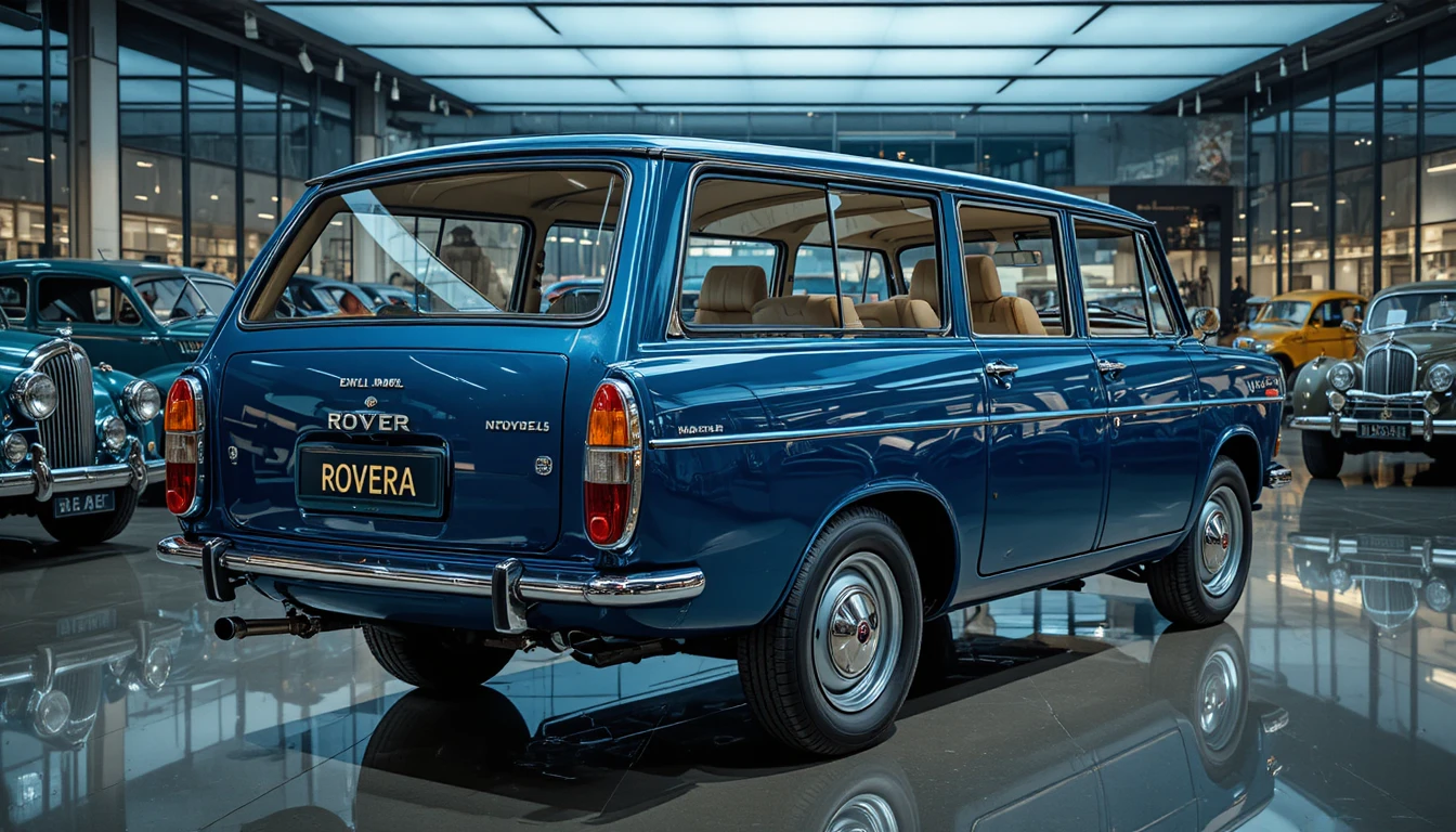 Vintage blue station wagon displayed in museum gallery