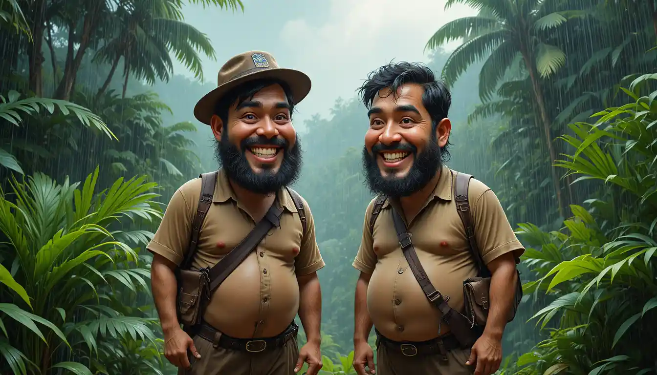 Two friends sitting in tropical rain forest