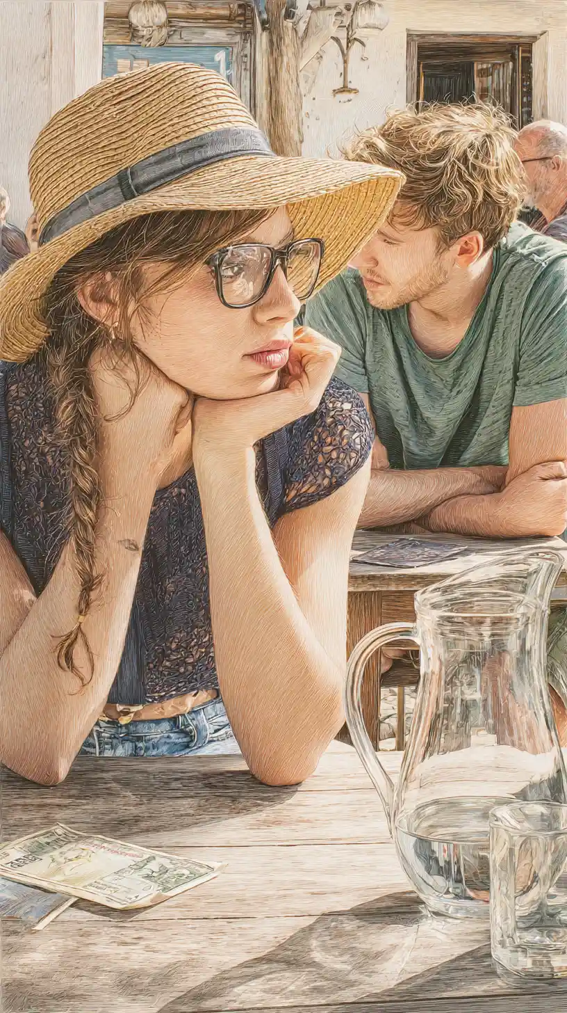 Melancholische junge Frau an einem ruhigen Tisch im Straßencafé