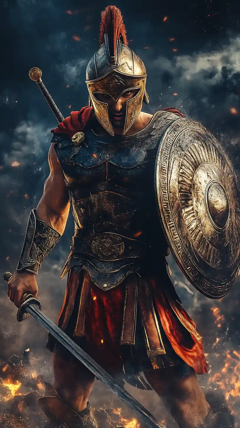 Spartan warrior with sword and shield in smoky battlefield