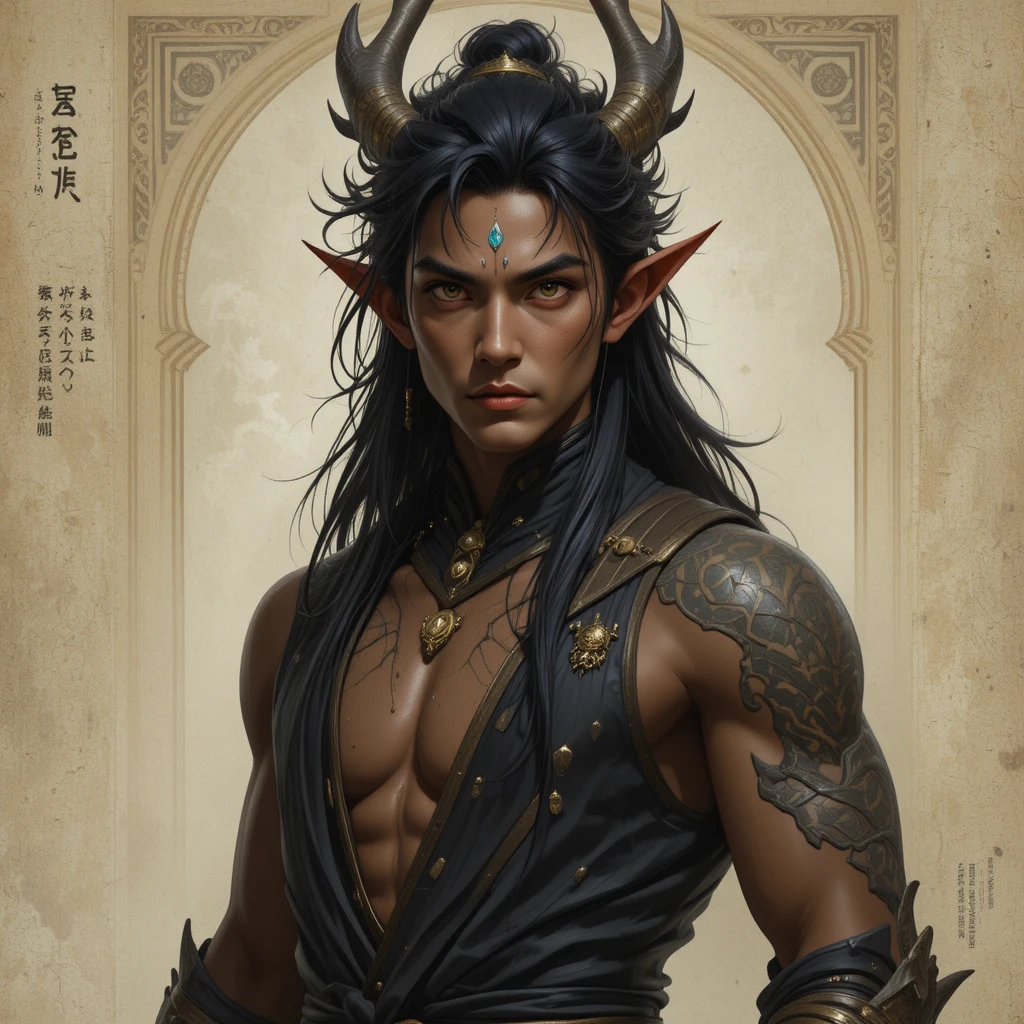 Brown skinned dragon man with black hair and small horns