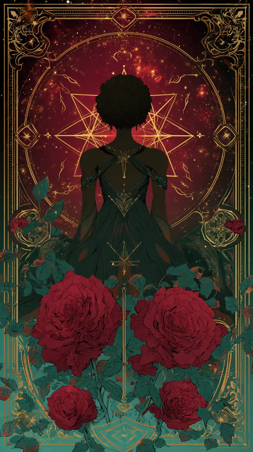 Afrofuturist tarot card with regal abstract ebony woman