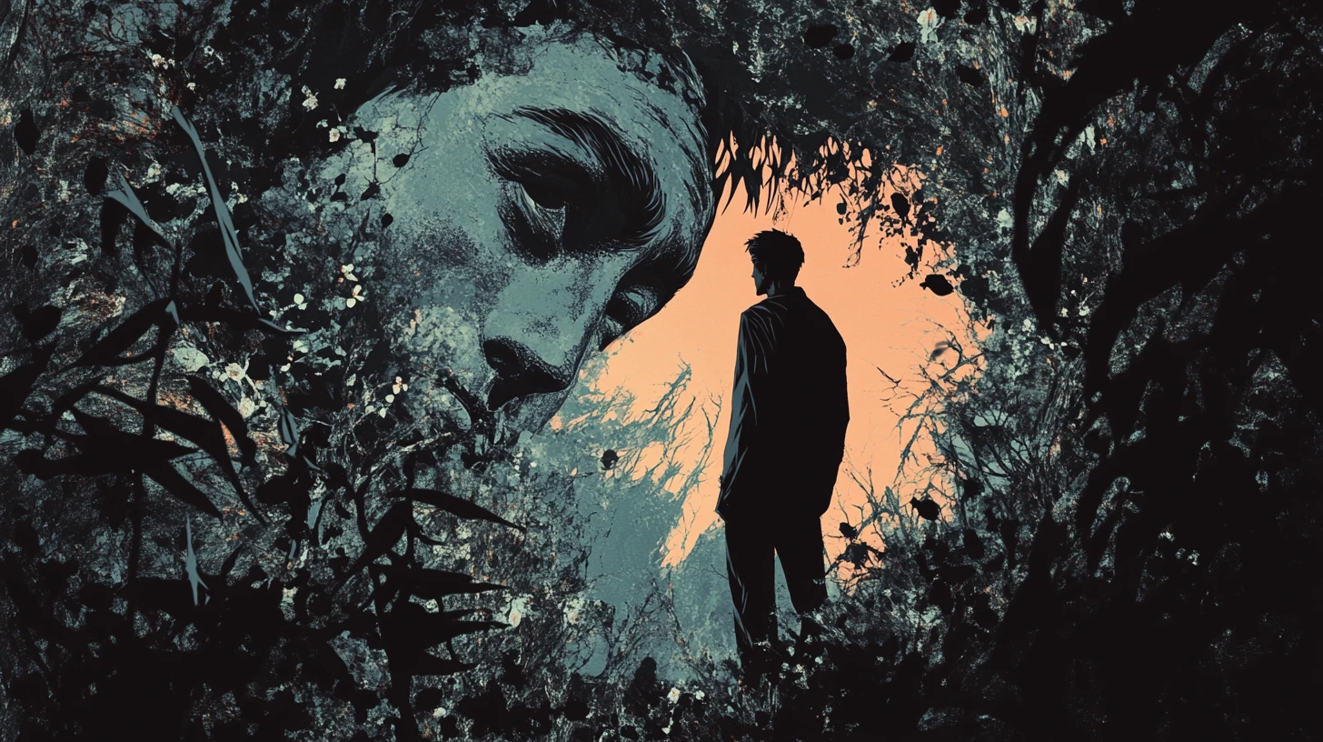 Surreal man in thorny abstract garden with emerging face
