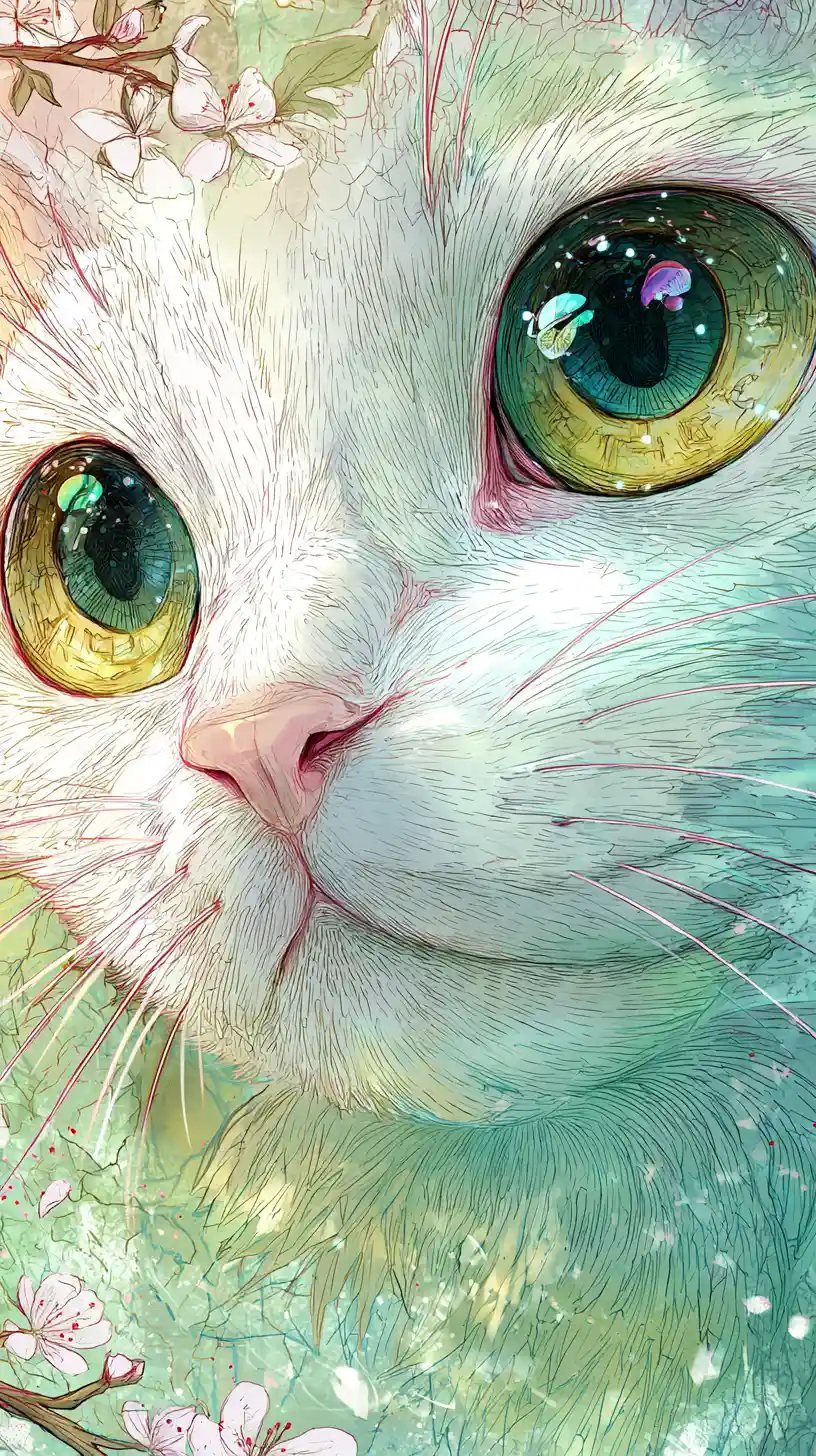 Whimsical baby neko spirit close up in watercolor ink