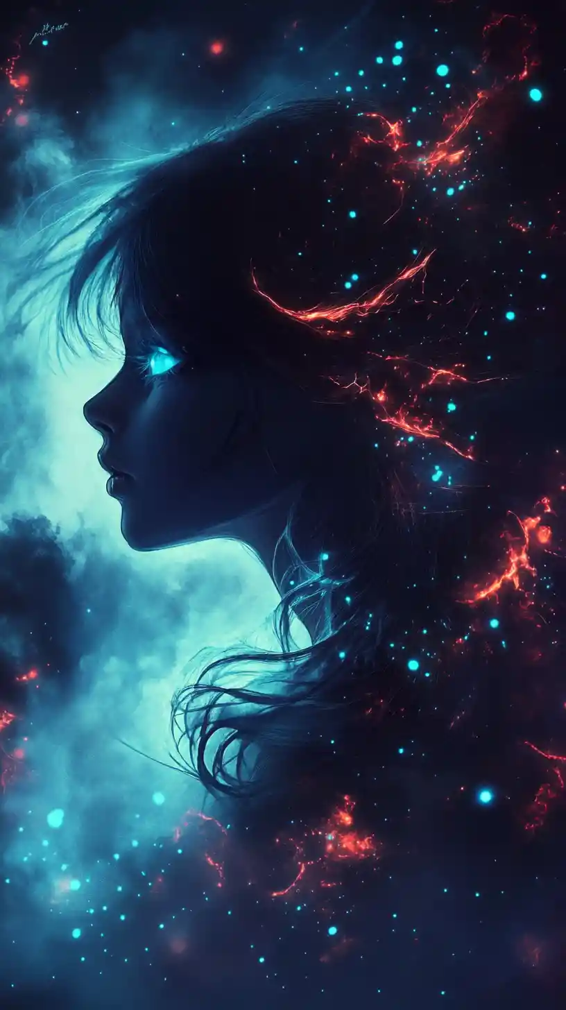 Anime-Mädchen im kosmischen Nichts mit verzweifelt ausgestreckter Hand