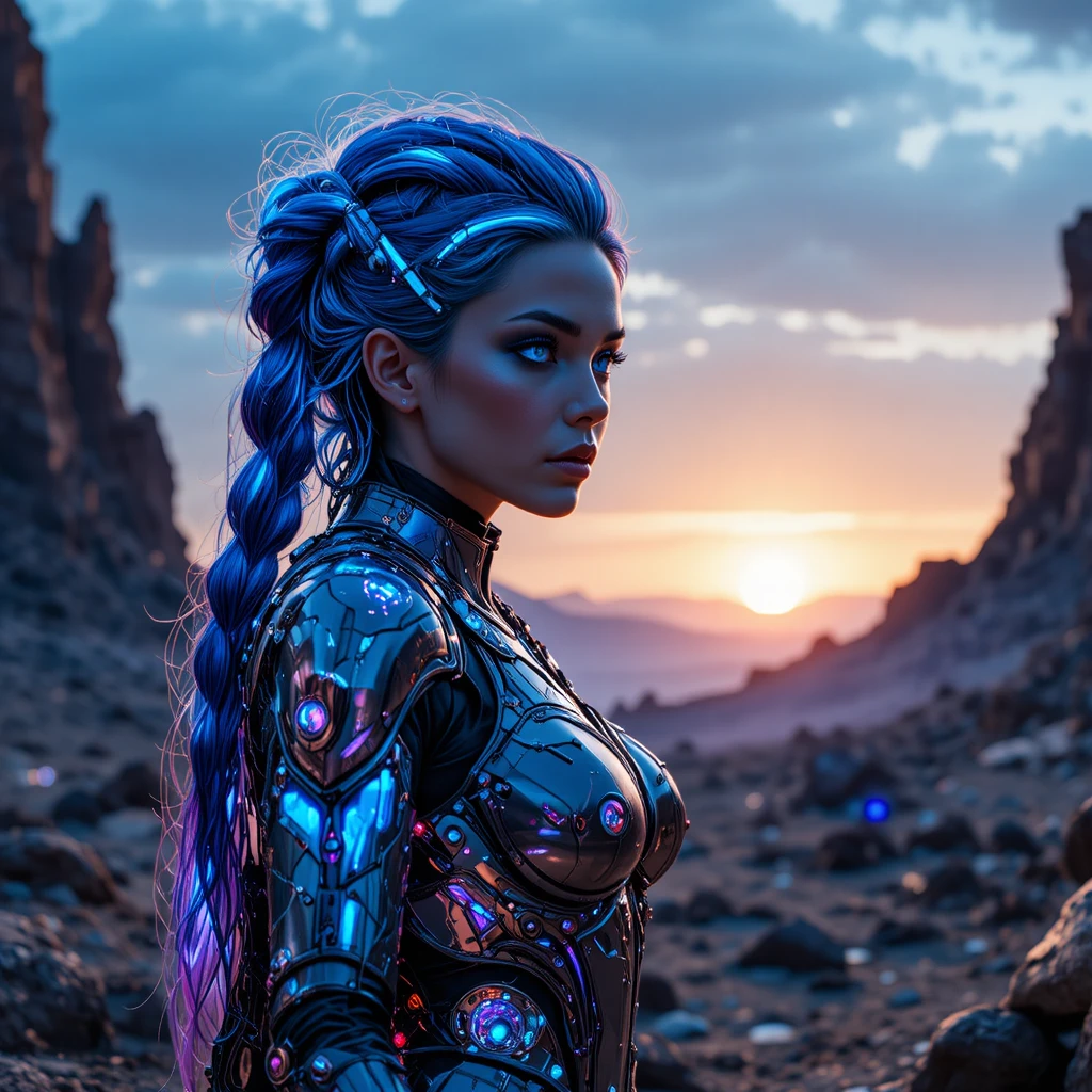 Cybernetic warrior woman on alien world at sunset